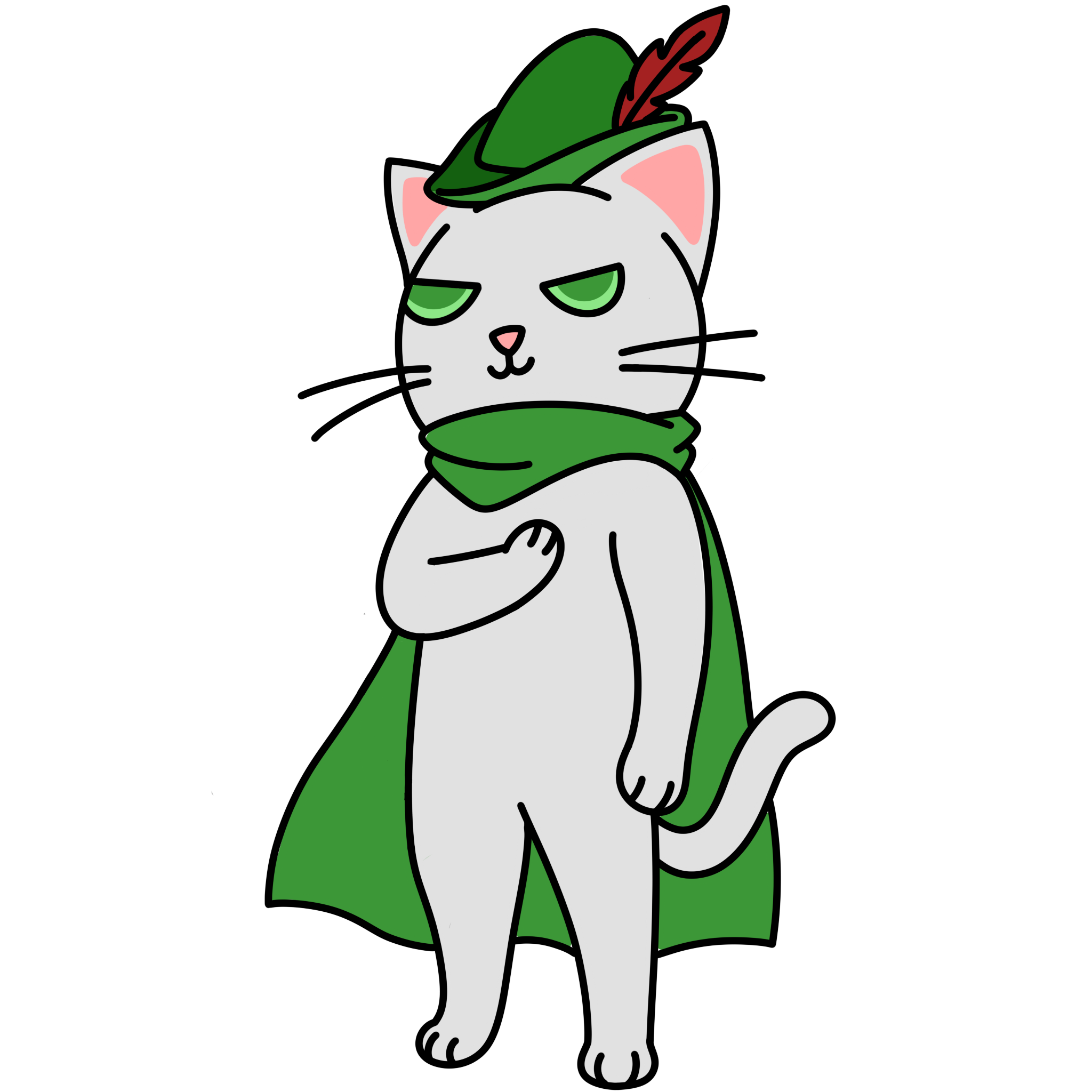 Robbie, a smug white-grey cartoon cat archer in a green feathered cap with a red feather and a green cape